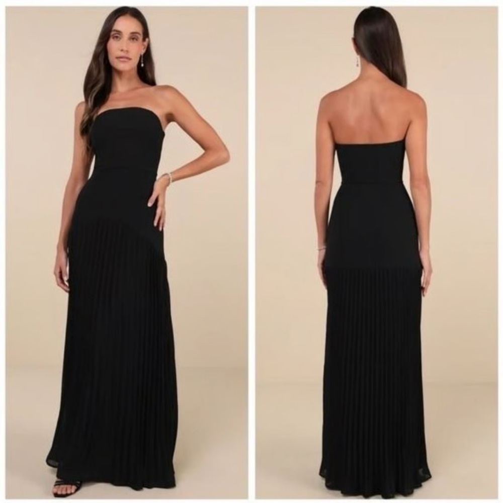 NWOT Lulu's Celebratory Aesthetic Black Pleated Maxi Strapless Dress